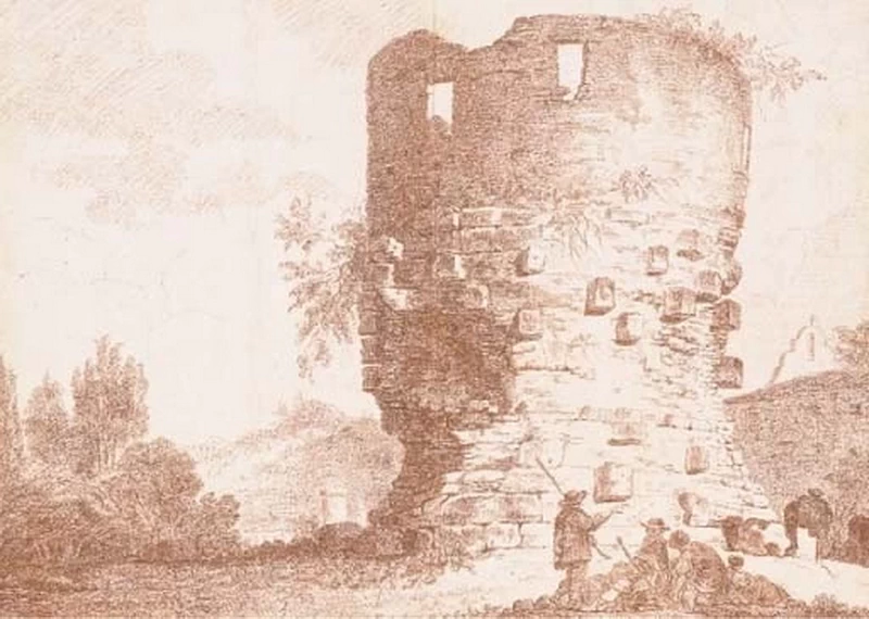 Un paesaggio italiano con una torre in rovina e una chiesa, pastori in primo piano